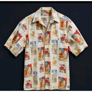 Pierre Cardin Mens M Cotton Tropical Hibiscus Postcard Print Camp Shirt Tan
